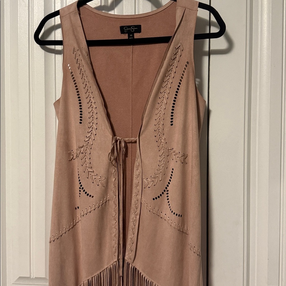 Jessica Simpson Dusty Pink Tan Fringe Vest Faux Suede - fits XS - med - Picture 3 of 7